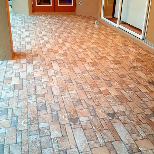 Brick-look tile floor in a sunroom